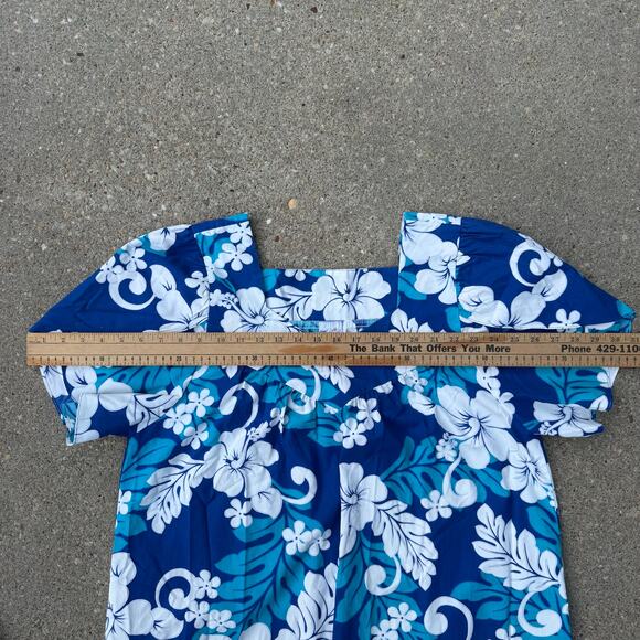 VTG Winnie Fashion Hawaiian Blue Tropical Floral Ruffle Hem Tulip Sleeve Dress L - Picture 9 of 11